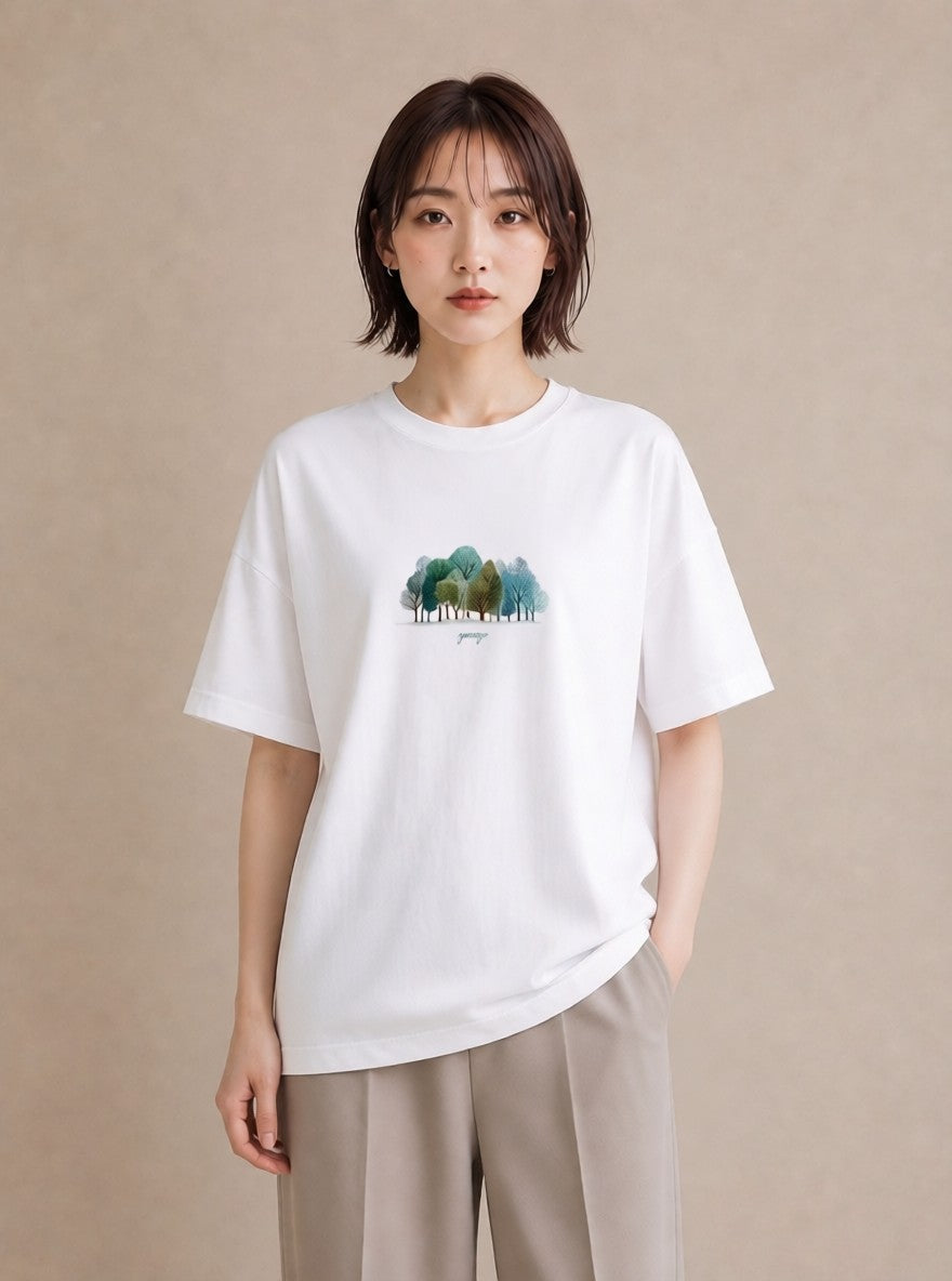 Tシャツ レディース 青の水彩 風景 ブルー ナチュラル アンティーク イラスト アート風 誕生日プレゼント 綿100 白T YMAZO