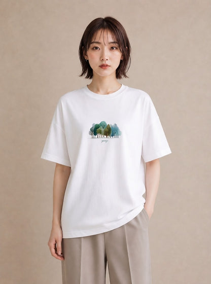 Tシャツ レディース 青の水彩 風景 ブルー ナチュラル アンティーク イラスト アート風 誕生日プレゼント 綿100 白T YMAZO