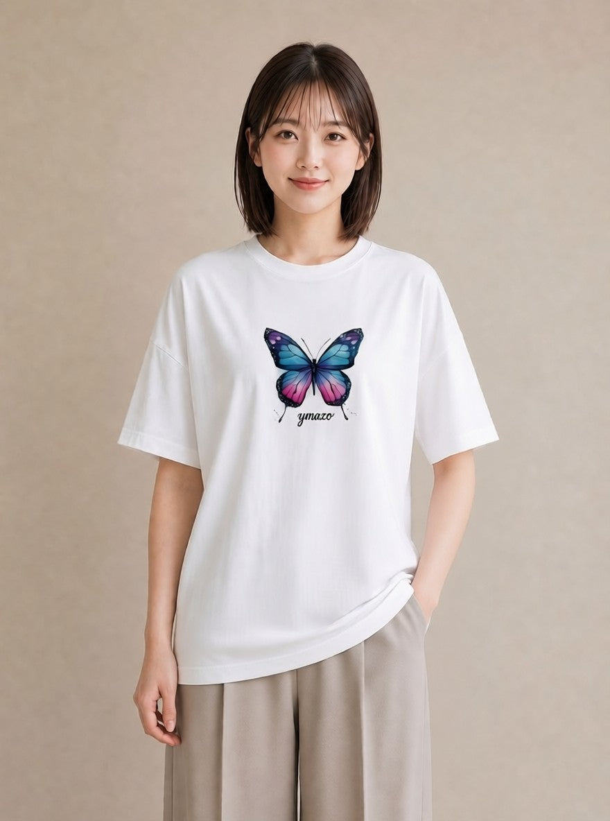 プリントTシャツ レディース ちょうちょ 蝶 バタフライ 昆虫 虫 イラスト 淡色 帰省 ラフ 白T YMAZO