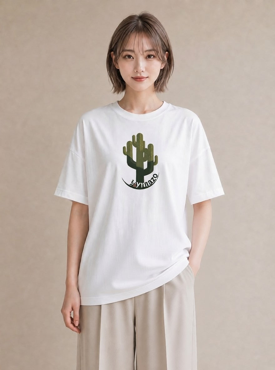 プリントTシャツ レディース サボテン 植物 ボタニカル イラスト ヴィンテージ風 社会人 女性 白T YMAZO