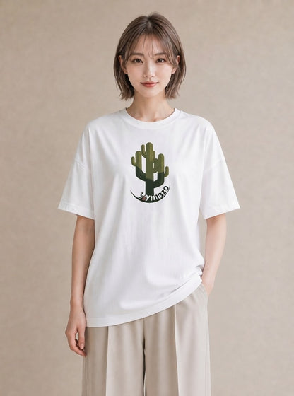 プリントTシャツ レディース サボテン 植物 ボタニカル イラスト ヴィンテージ風 社会人 女性 白T YMAZO