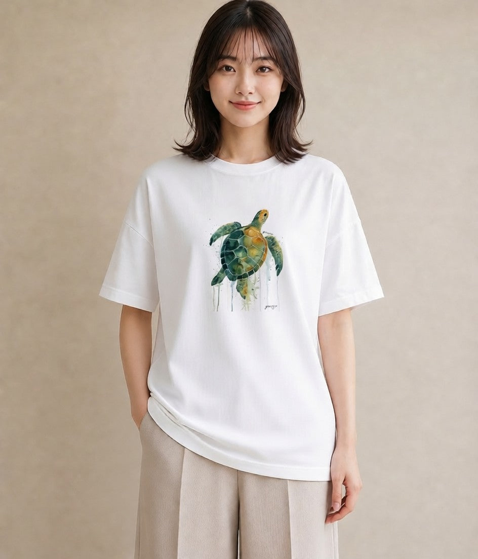 Tシャツ レディース ウミガメ 海の生き物 海 イラスト ヴィンテージ風 散歩 お出かけ 白T YMAZO