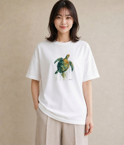 Tシャツ レディース ウミガメ 海の生き物 海 イラスト ヴィンテージ風 散歩 お出かけ 白T YMAZO