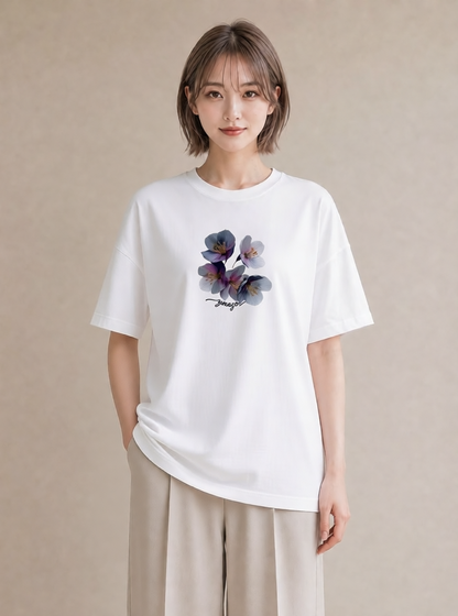 Tシャツ レディース スミレ 花 花柄 イラスト 韓国風 ビーチ デイリーウェア 白T