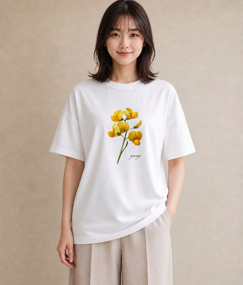 デザインTシャツ レディース ミモザ 花 花柄 イラスト こなれ感 誕生日プレゼント 綿100 白T YMAZO