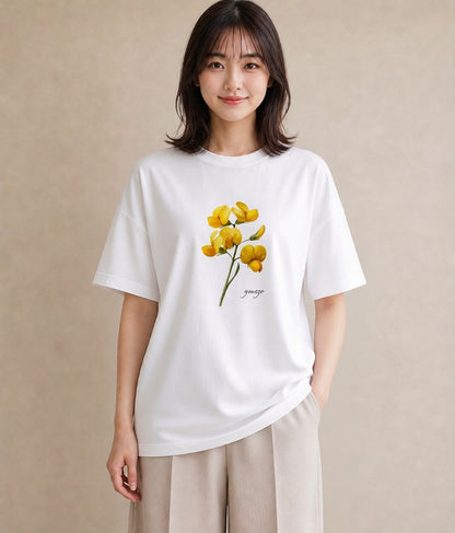 デザインTシャツ レディース ミモザ 花 花柄 イラスト こなれ感 誕生日プレゼント 綿100 白T YMAZO