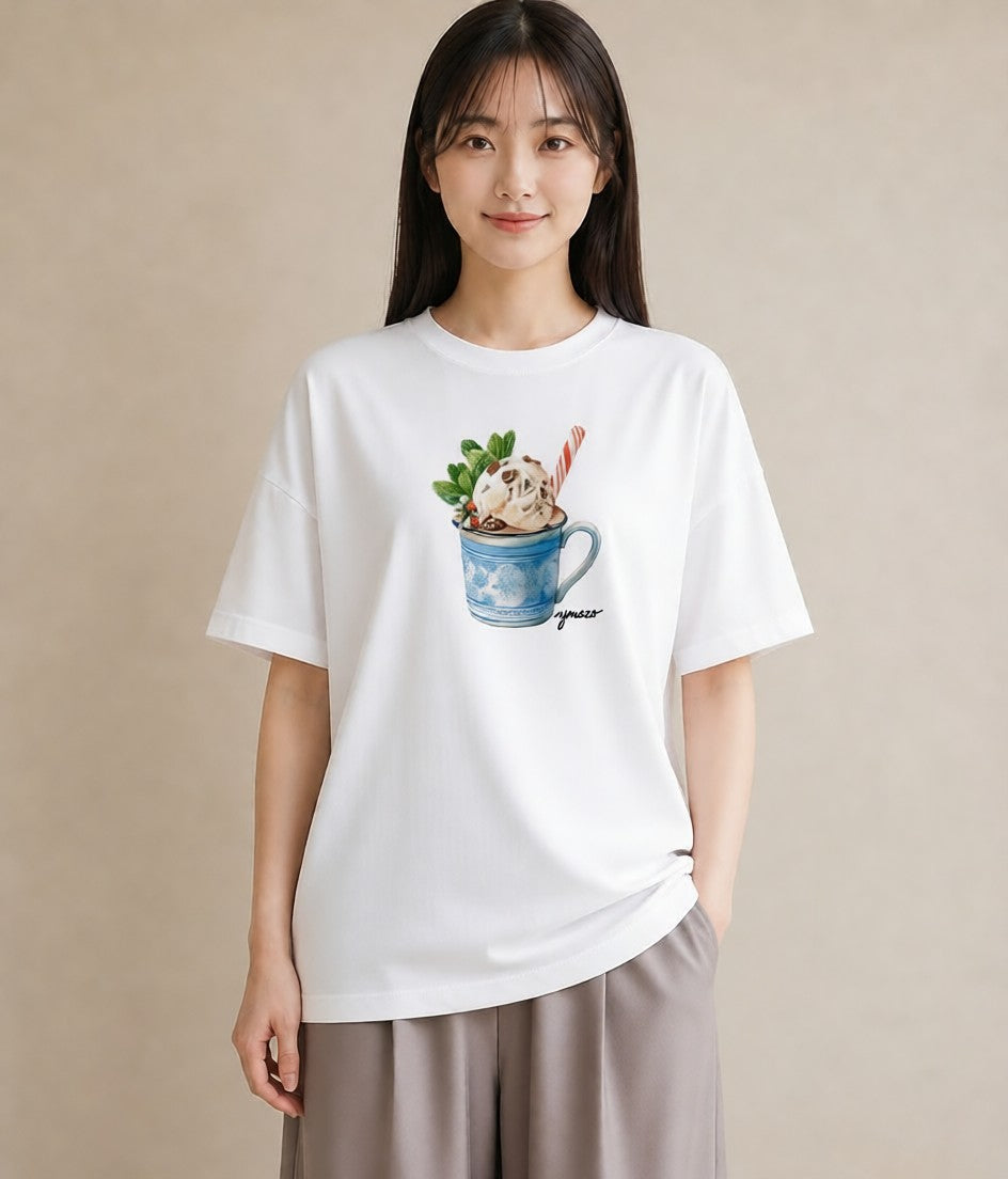 グラフィックTシャツ レディース パフェ 食べ物 フード イラスト フェミニン デイリーウェア 休日 白T YMAZO