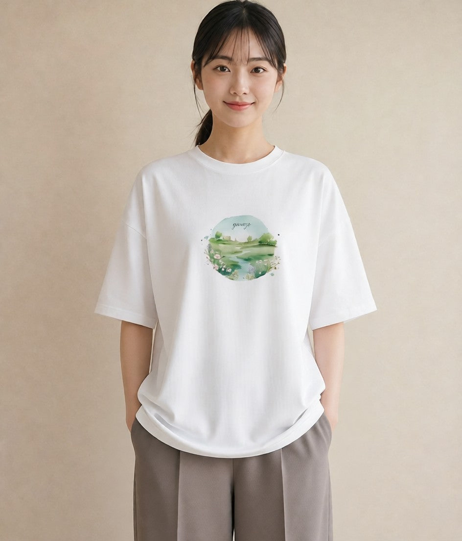 Tシャツ レディース 芝生 植物 ボタニカル イラスト 送別ギフト 通勤 白T YMAZO