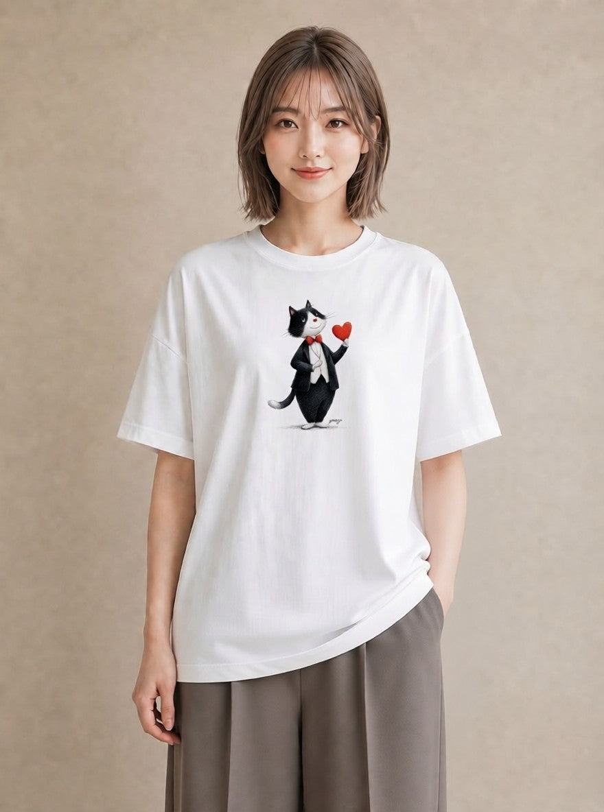 Tシャツ レディース ハチワレ 白黒猫 猫 ねこ イラスト 線画 帰省 ラフ 白T YMAZO