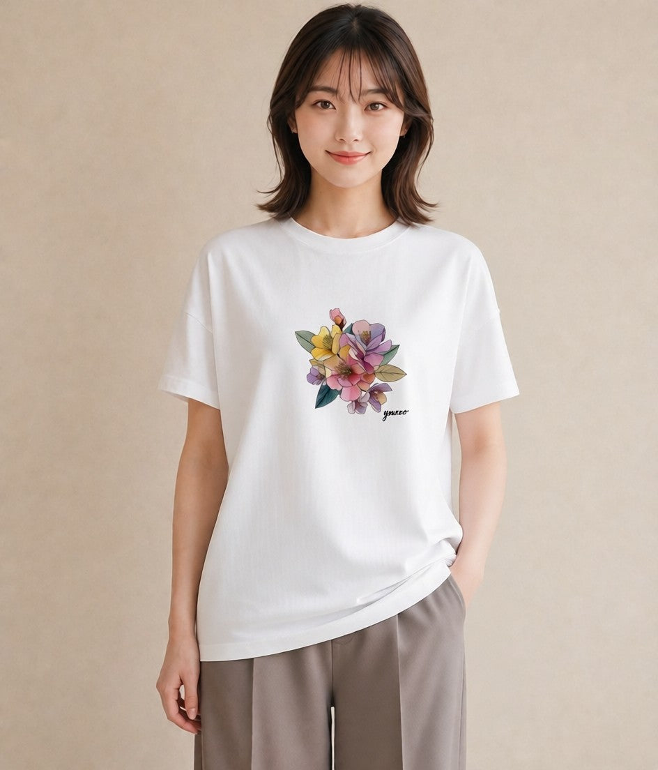 プリントTシャツ レディース パンジー 花 花柄 イラスト ナチュラル 敬老の日 ホワイトデー 白T YMAZO