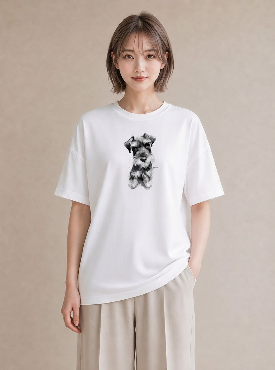 デザインTシャツ レディース ミニチュアシュナウザー 犬 いぬ イラスト カジュアル 社会人 女性 白T YMAZO