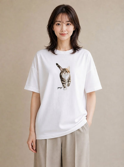 半袖Tシャツ レディース アメリカンショートヘア 猫 ねこ イラスト きれいめ 帰省 ラフ 白T YMAZO