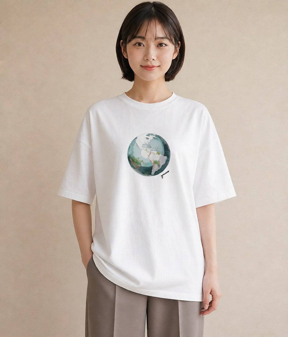 Tシャツ レディース 地球 星空 宇宙 イラスト 手描き風 デイリーウェア 休日 白T YMAZO