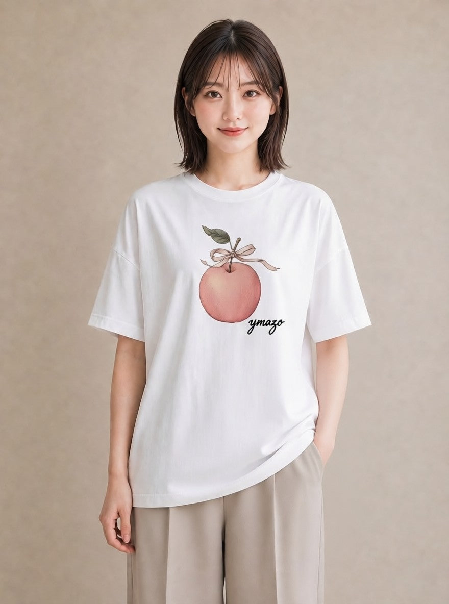 プリントTシャツ レディース りんご 林檎 アップル 食べ物 フード イラスト ガーリー 帰省 ラフ 白T YMAZO