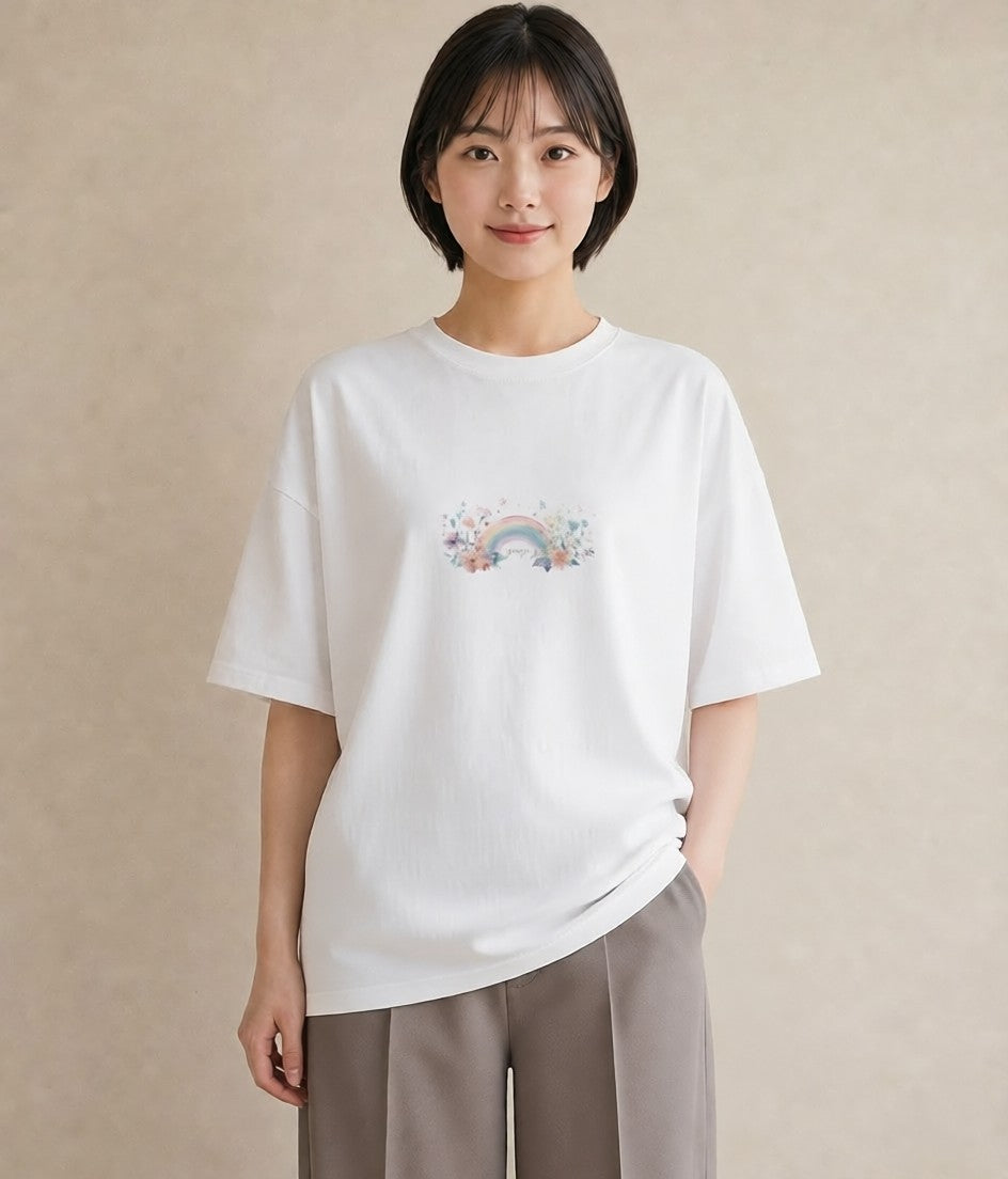 グラフィックTシャツ レディース 虹 星空 宇宙 イラスト デイリーウェア 休日 白T YMAZO