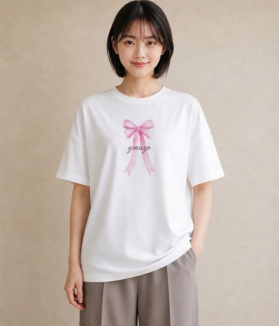 半袖Tシャツ レディース リボン 蝶結び ナチュラル アンティーク イラスト ポップ 母娘コーデ 自分用 白T YMAZO