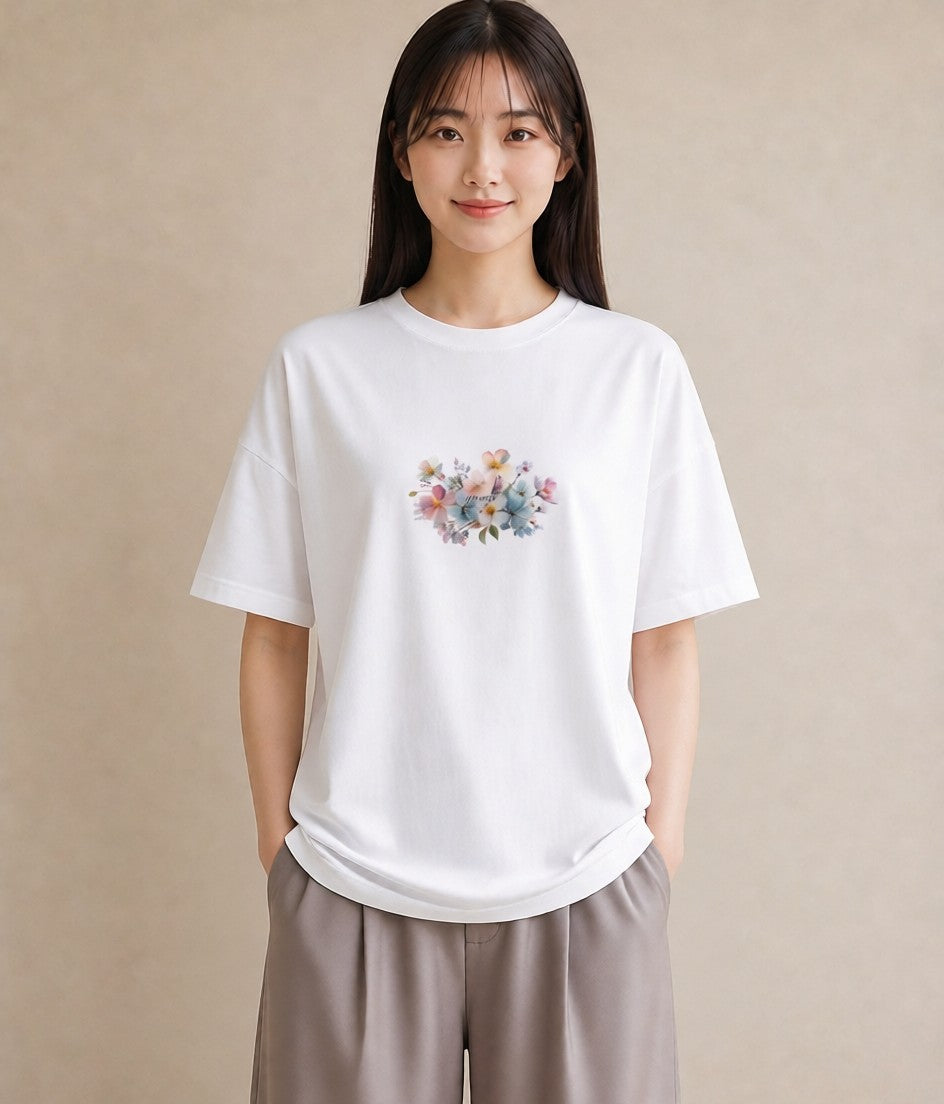 グラフィックTシャツ レディース パンジー 花 花柄 イラスト ガーリー 送別ギフト 通勤 白T YMAZO