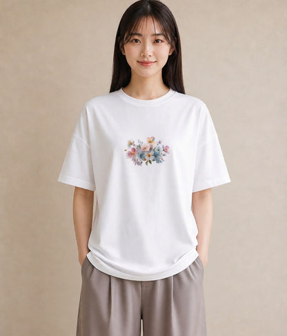 グラフィックTシャツ レディース パンジー 花 花柄 イラスト ガーリー 送別ギフト 通勤 白T YMAZO