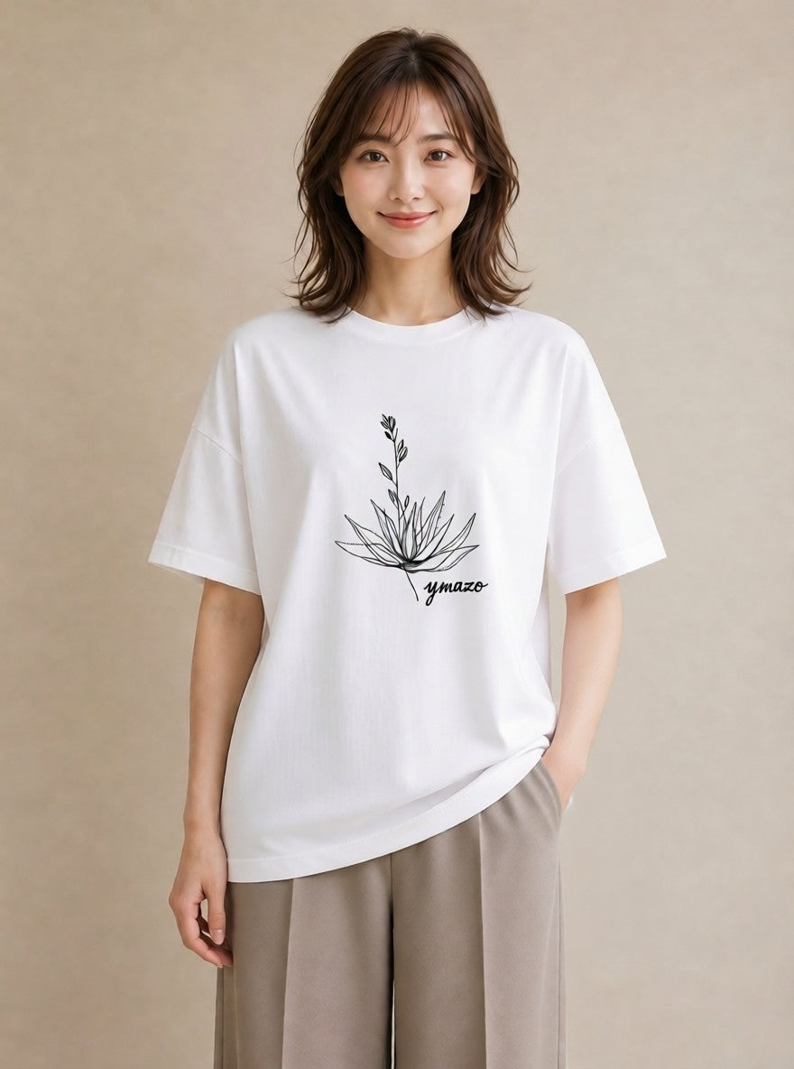 デザインTシャツ レディース 観葉植物 ボタニカル 植物 イラスト 線画 帰省 ラフ 白T YMAZO