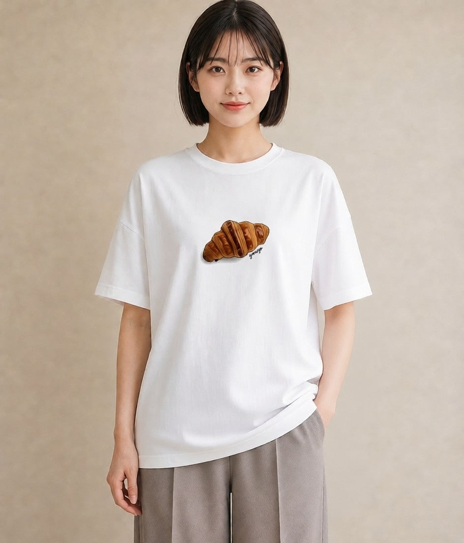 グラフィックTシャツ レディース クロワッサン 食べ物 フード イラスト シック 春服 ミセス 白T YMAZO
