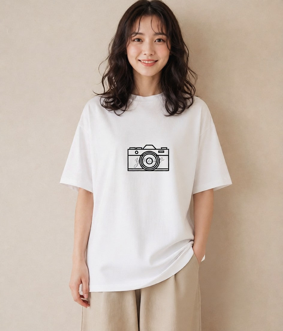デザインTシャツ レディース カメラ フィルムカメラ レトロカメラ イラスト モード 旅行用 海 白T YMAZO