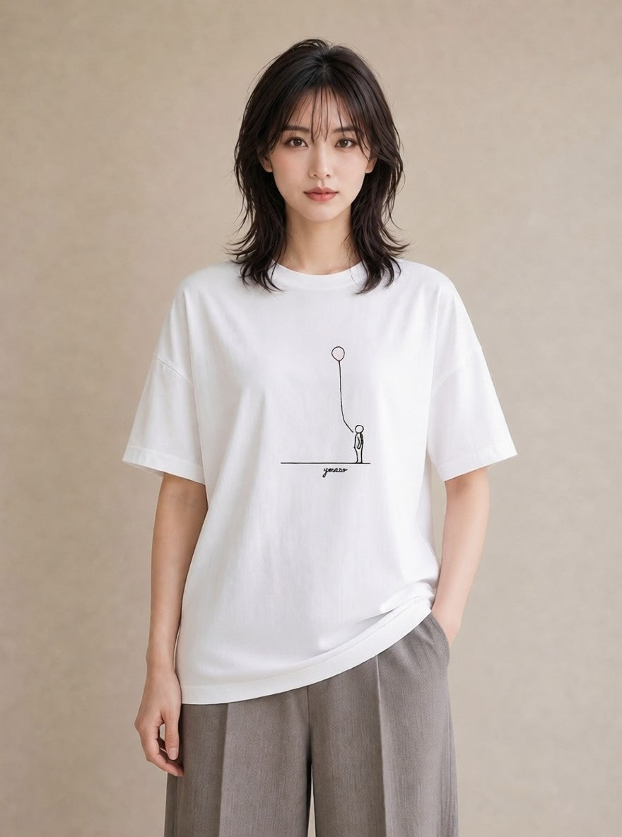 デザインTシャツ レディース 紙風船 和紙 ナチュラル アンティーク イラスト 韓国風 ラフ レイヤード 白T YMAZO