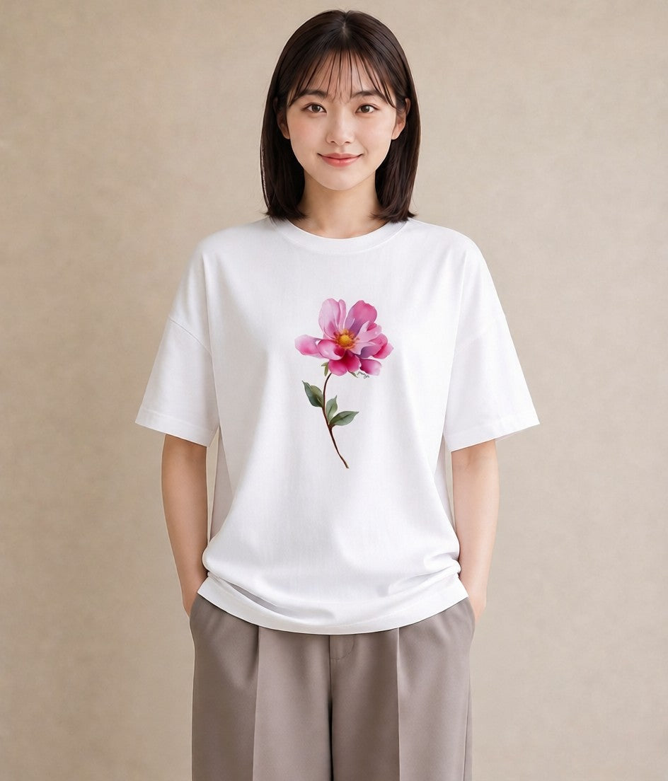 グラフィックTシャツ レディース コスモス 秋桜 花 花柄 イラスト ガーリー 社会人 女性 白T YMAZO