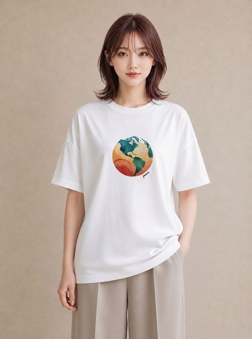 グラフィックTシャツ レディース 地球 星空 宇宙 イラスト きれいめ おしゃれギフト 社会人 白T YMAZO