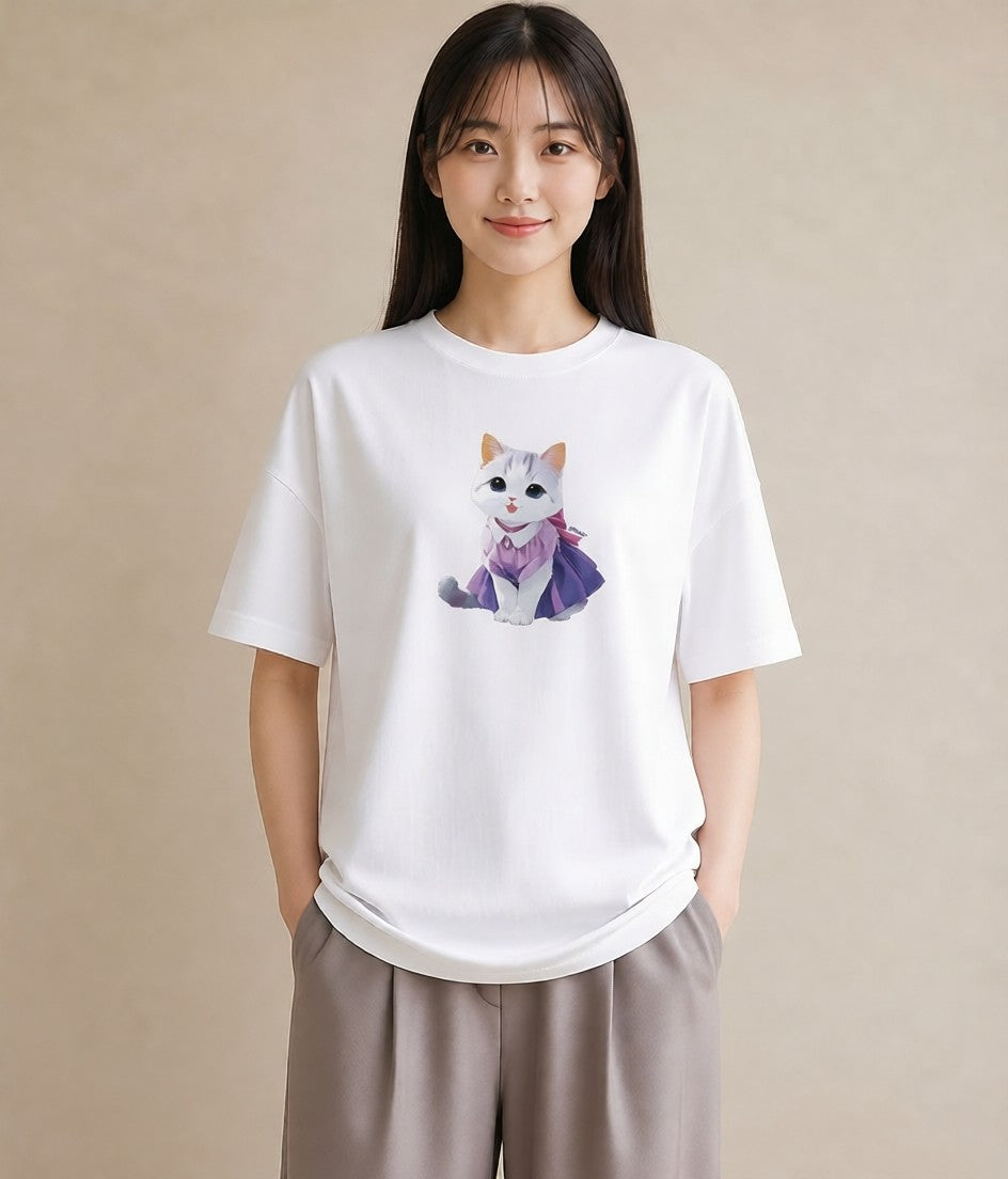 Tシャツ レディース 白猫 猫 ねこ イラスト 普段使い 敬老の日 ホワイトデー 白T YMAZO
