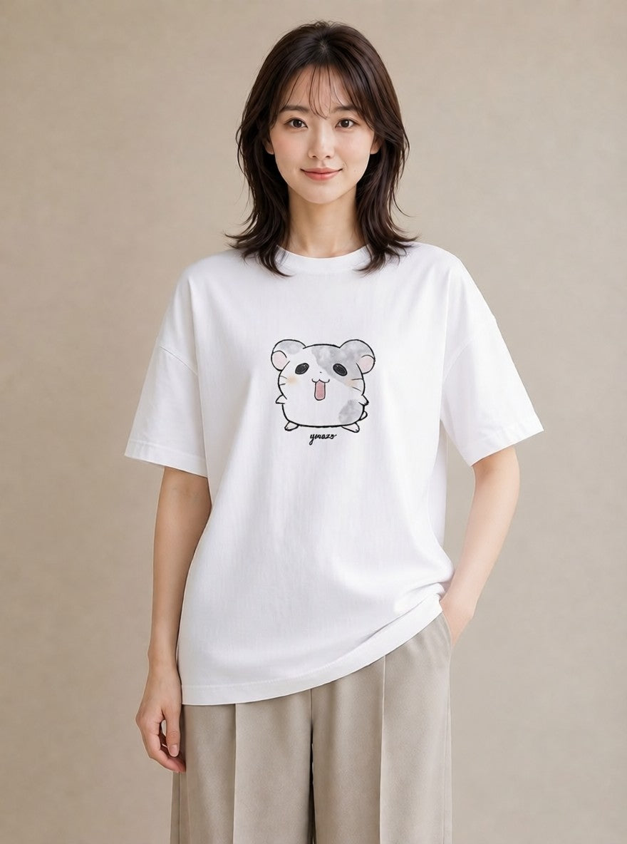 デザインTシャツ レディース チンチラ ペット 動物 イラスト 線画 レイヤード 友達ギフト 白T YMAZO