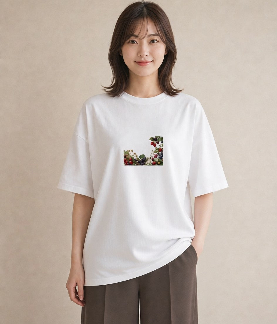 デザインTシャツ レディース 木の実 植物 ボタニカル イラスト 韓国風 公園 ママ 白T YMAZO