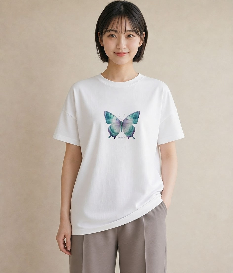 グラフィックTシャツ レディース ちょうちょ 蝶 バタフライ 昆虫 虫 イラスト 上品 部屋着 女性向けギフト 白T YMAZO