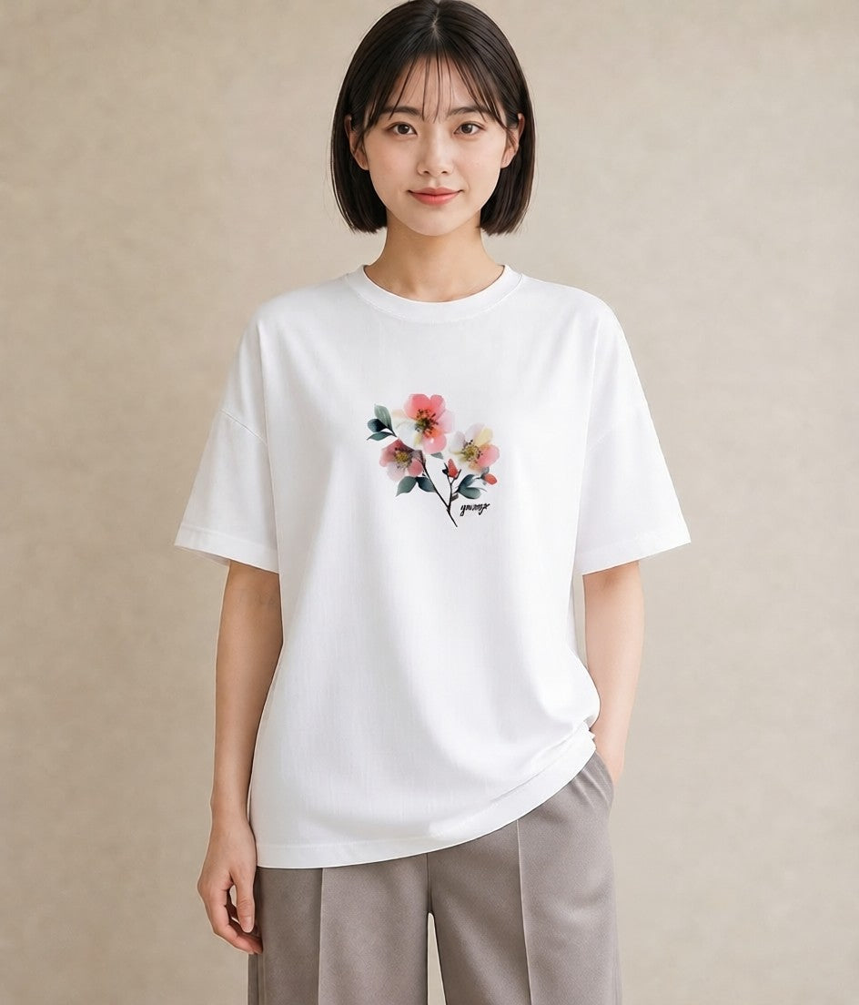 デザインTシャツ レディース 椿 花 花柄 イラスト モード 敬老の日 ホワイトデー 白T YMAZO