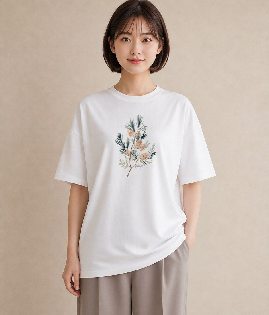 デザインTシャツ レディース 松ぼっくり 植物 ボタニカル イラスト 淡色 おしゃれギフト 社会人 白T YMAZO