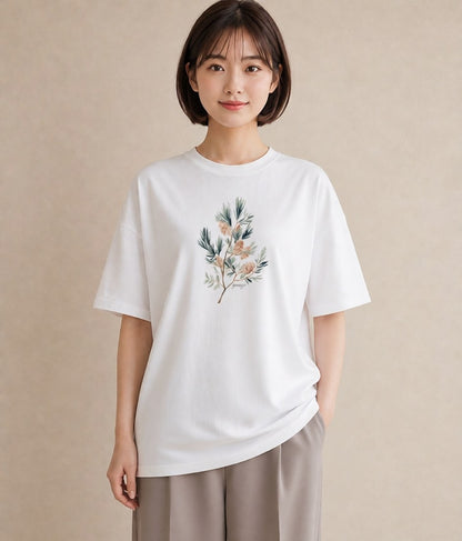 デザインTシャツ レディース 松ぼっくり 植物 ボタニカル イラスト 淡色 おしゃれギフト 社会人 白T YMAZO