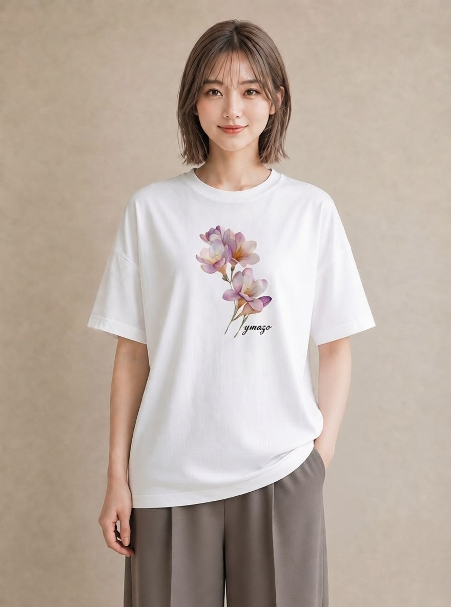 デザインTシャツ レディース パンジー 花 花柄 イラスト カジュアル デート 帰省 白T YMAZO