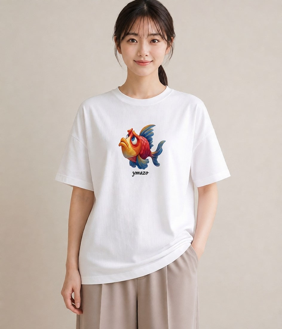 半袖Tシャツ レディース らんちゅう ペット 動物 イラスト お洒落 ペアコーデ 秋コーデ 白T YMAZO