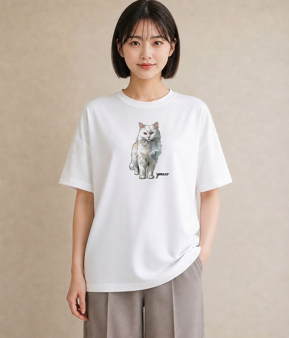 Tシャツ レディース しっぽ 猫 ねこ イラスト 北欧風 夏コーデ 通学 白T YMAZO