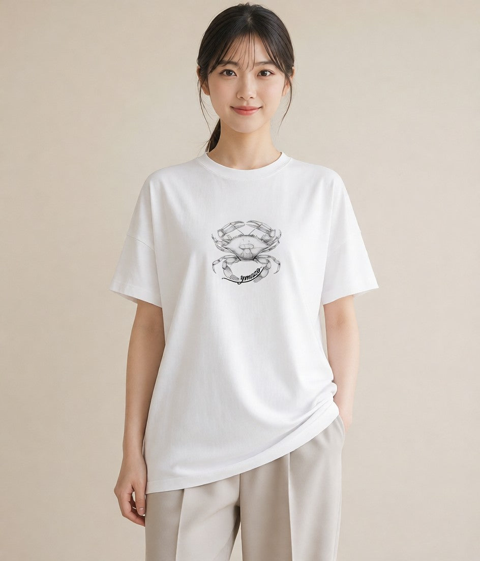 半袖Tシャツ レディース カニ 海の生き物 海 イラスト 抜け感 ママ カフェ服 白T YMAZO