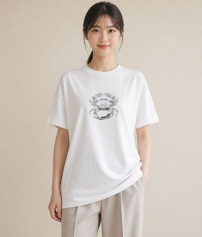 半袖Tシャツ レディース カニ 海の生き物 海 イラスト 抜け感 ママ カフェ服 白T YMAZO