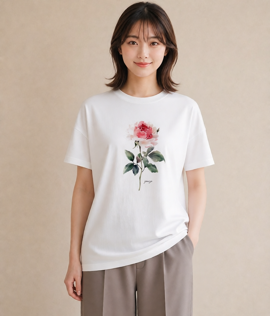 デザインTシャツ レディース バラ 薔薇 ローズ 花 花柄 イラスト ナチュラル 春服 ミセス 白T YMAZO