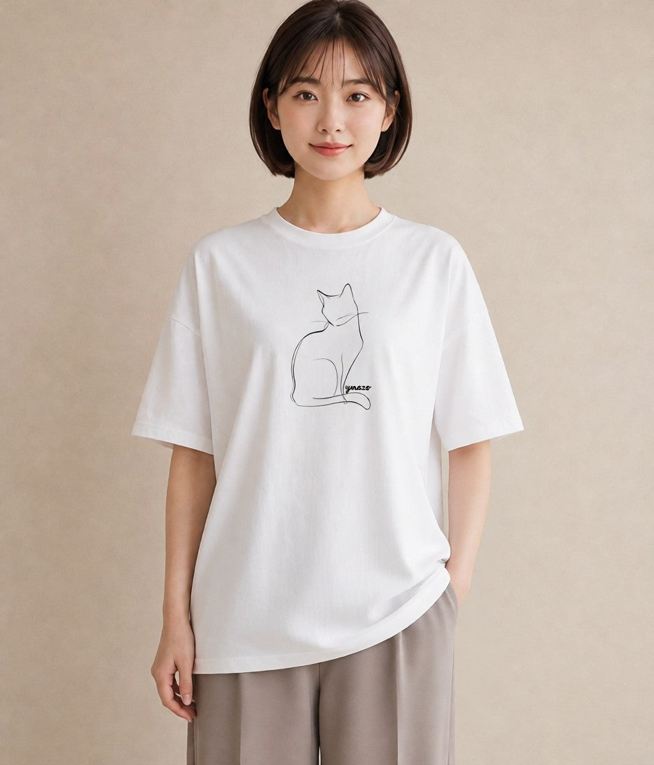 デザインTシャツ レディース 猫 ねこ ネコ イラスト 休日コーデ お出かけ 普段着 白T YMAZO