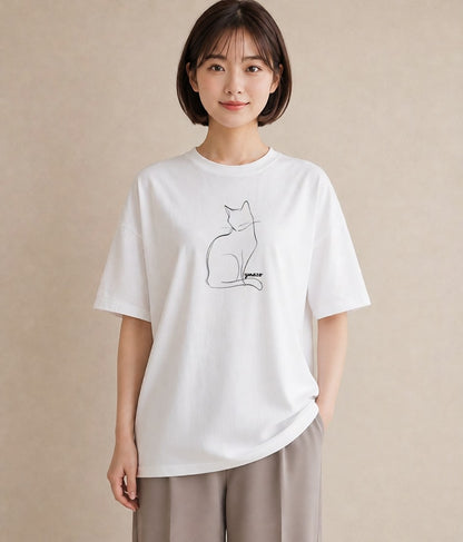 デザインTシャツ レディース 猫 ねこ ネコ イラスト 休日コーデ お出かけ 普段着 白T YMAZO