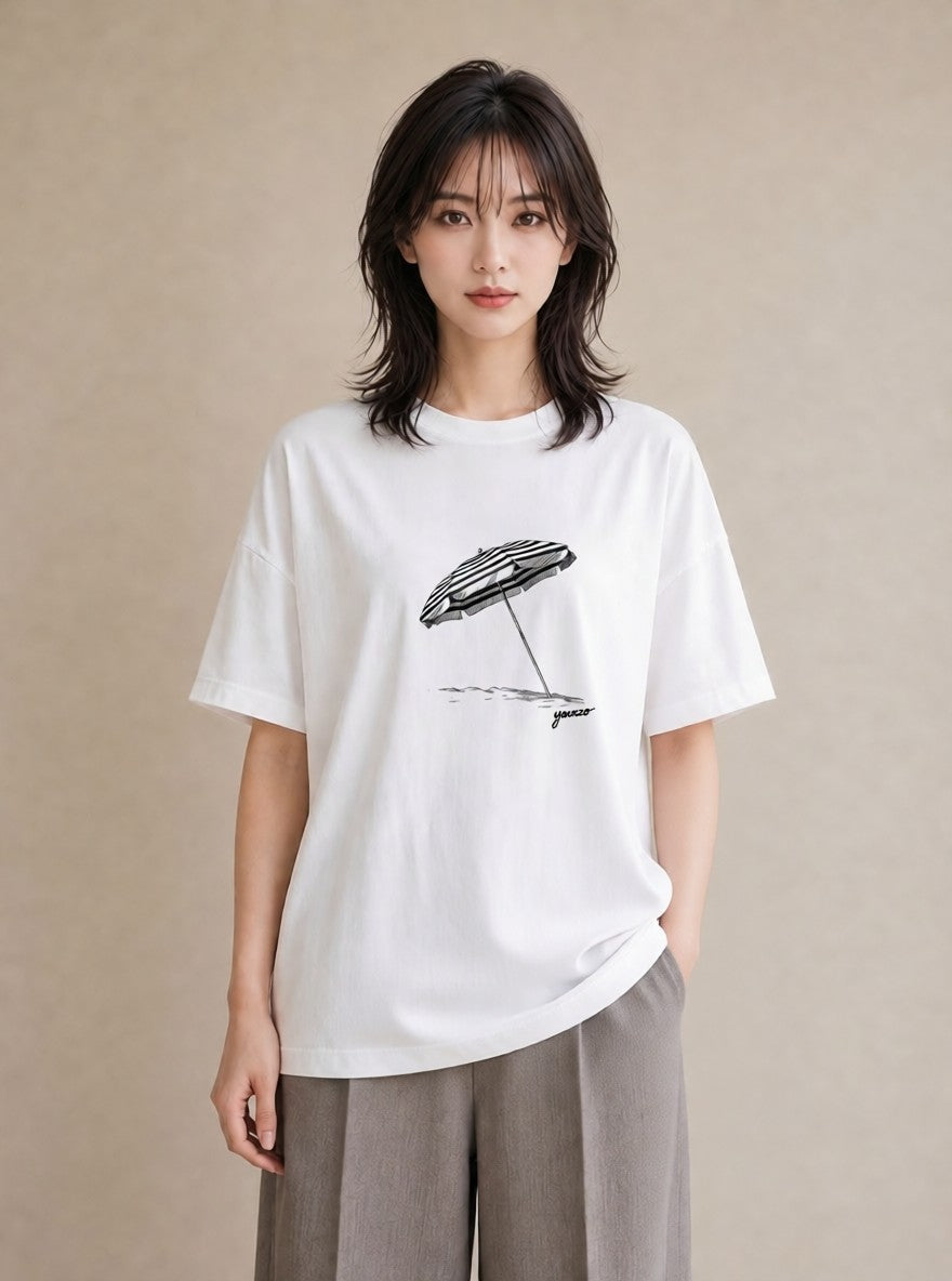 グラフィックTシャツ レディース 傘 水たまり 雨 ナチュラル アンティーク イラスト 韓国風 送別ギフト 通勤 白T YMAZO