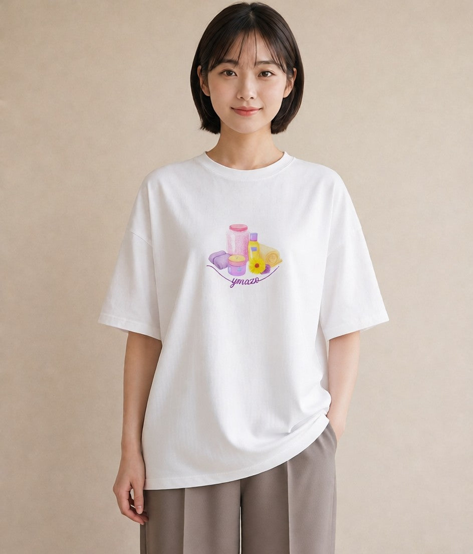グラフィックTシャツ レディース パールピアス アクセサリー ナチュラル アンティーク イラスト アート風 レイヤード 友達ギフト 白T YMAZO