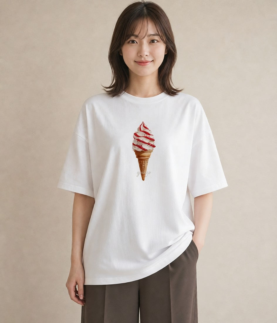 Tシャツ レディース アイス 食べ物 フード イラスト ラフ ホワイトデー 春服 白T YMAZO