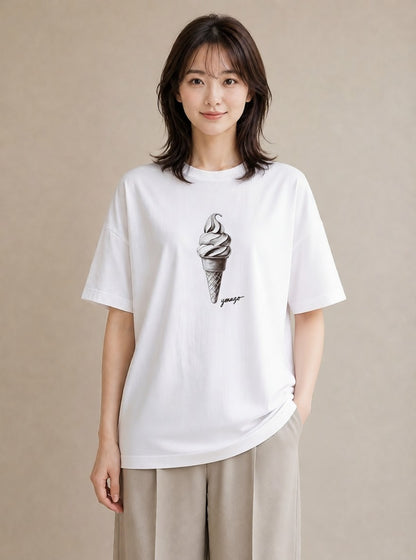 Tシャツ レディース ソフトクリーム 食べ物 フード イラスト カジュアル 公園 ママ 白T YMAZO
