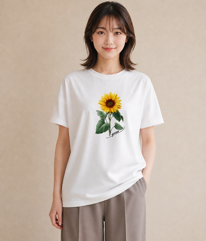 半袖Tシャツ レディース ひまわり 向日葵 花 花柄 イラスト 北欧風 女性 旅行用 白T