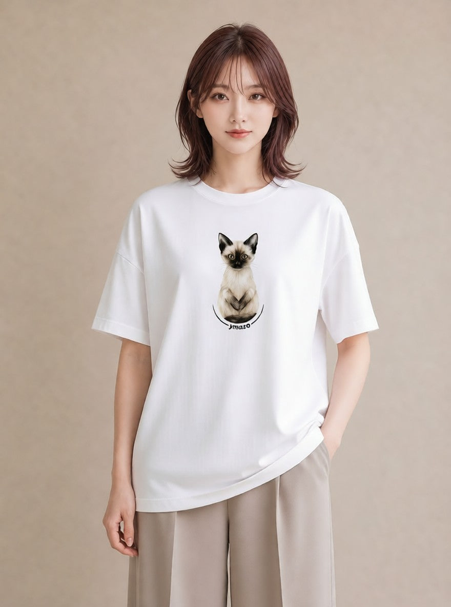 プリントTシャツ レディース 白猫 猫 ねこ イラスト 手描き風 女性 旅行用 白T YMAZO