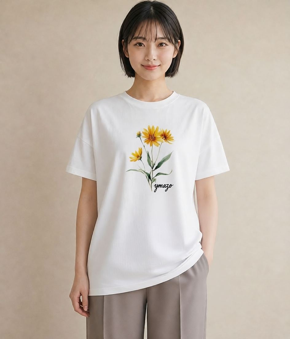 プリントTシャツ レディース ひまわり 向日葵 花 花柄 イラスト 普段使い 休日 ペアコーデ 白T YMAZO
